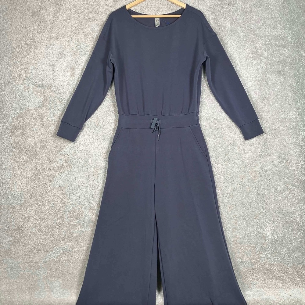 Spanx AirEssentials Wide Leg Jumpsuit Womens Medium Blue Long Sleeve Drawstring